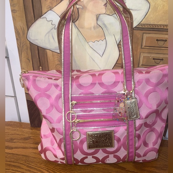 Coach Poppy Op Art Glam Tote 13826 - Pink & Gold - EUC - Picture 1 of 14